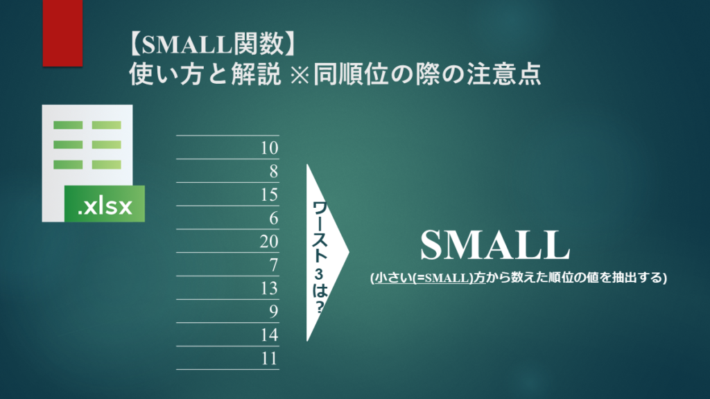 本記事では、ExcelのSMALL関数について解説しました。SMALL関数は、数値データの中から指定された順位に対応する値を返すことができます。データ解析を効率的に行うために、SMALL関数の使い方をマスターしましょう。
