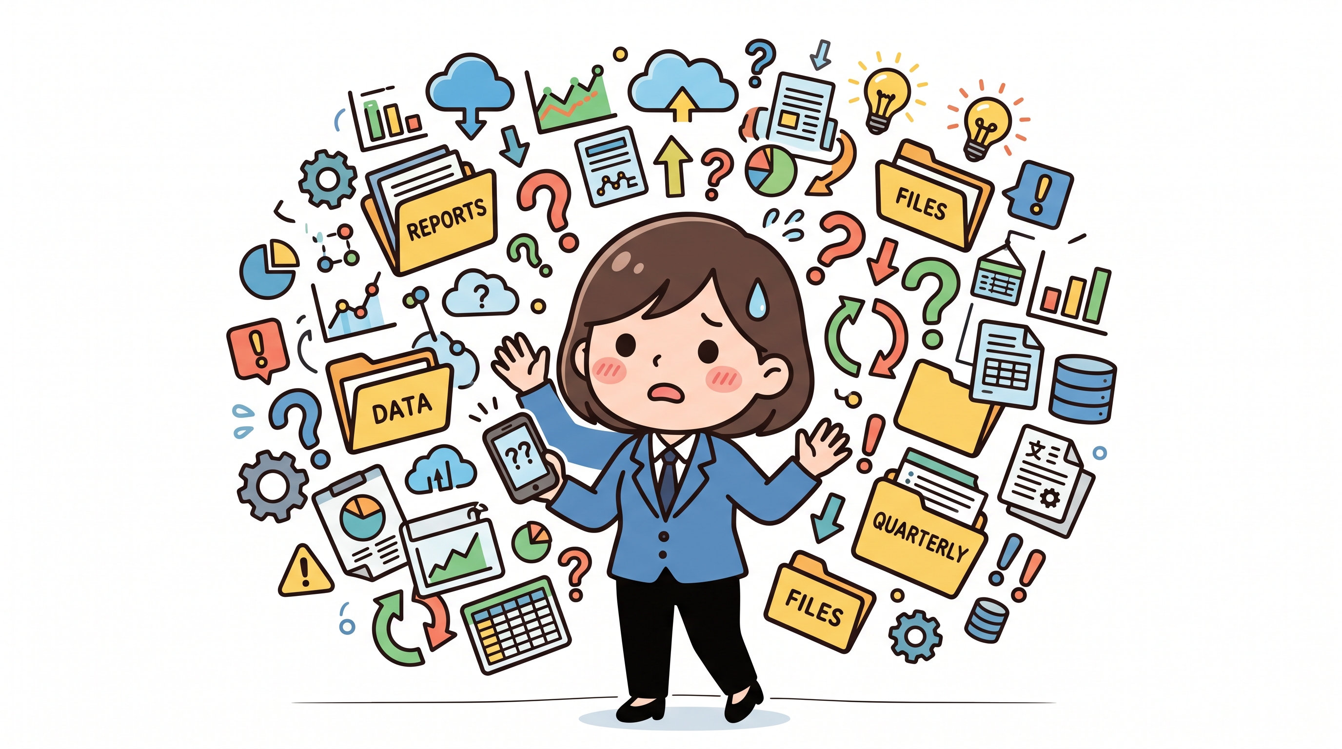大量のデータに困惑するイラスト