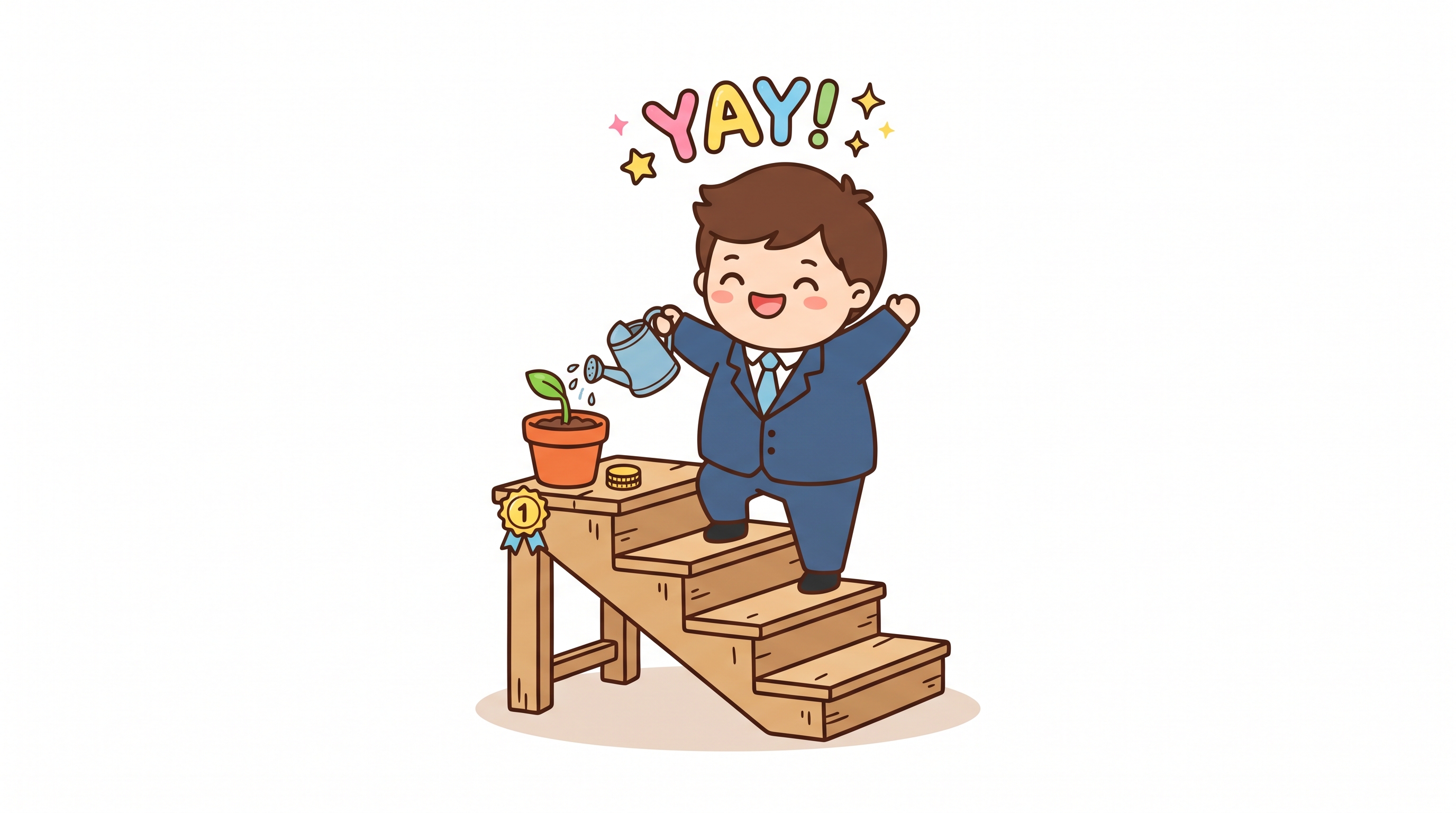 小さな階段を登り、植物を育てるイラスト
